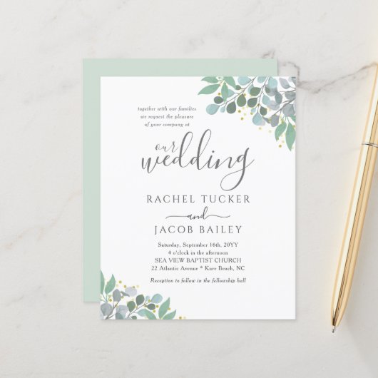 Elegant Eucalyptus Dusty Blue Wedding Invitation (Voorkant / Achterkant in situ)