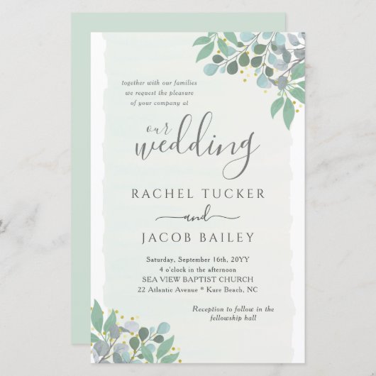 Elegant Eucalyptus Dusty Blue Wedding Invitation (Voorkant / Achterkant)