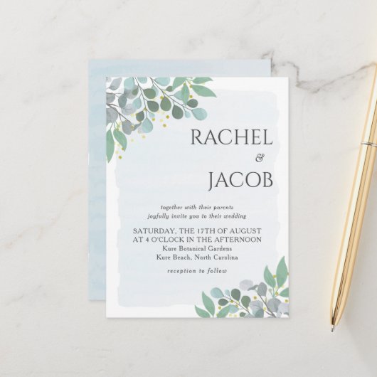 Elegant Eucalyptus Dusty Blue Wedding Invitation Briefkaart (Voorkant / Achterkant in situ)