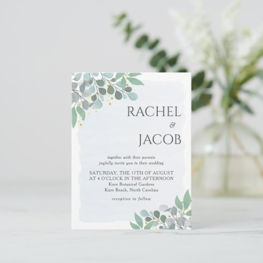 Elegant Eucalyptus Dusty Blue Wedding Invitation Briefkaart (Staand voorkant)
