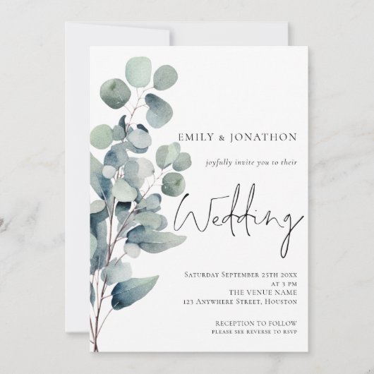 Elegant Eucalyptus Elegant Script Sage Bruiloft Kaart (Voorkant)