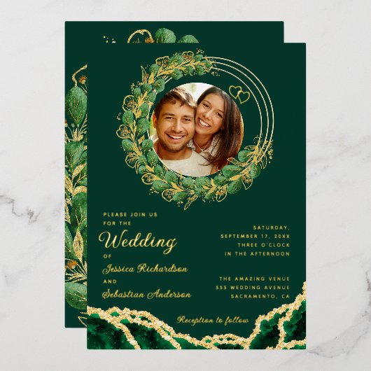 Elegant Eucalyptus Emerald Green and Gold Wedding Folie Uitnodiging (Voorkant / Achterkant)