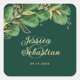 Elegant Eucalyptus Emerald Green and Gold Wedding Vierkante Sticker