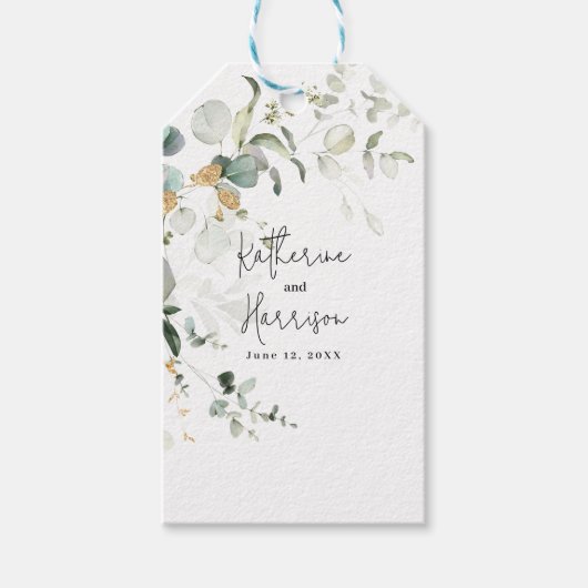 Elegant Eucalyptus en Gold Greenery Wedding Cadeaulabel (Voorkant)