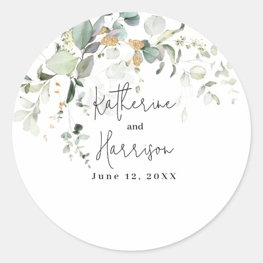 Elegant Eucalyptus en Gold Greenery Wedding Clas Ronde Sticker (Voorkant)