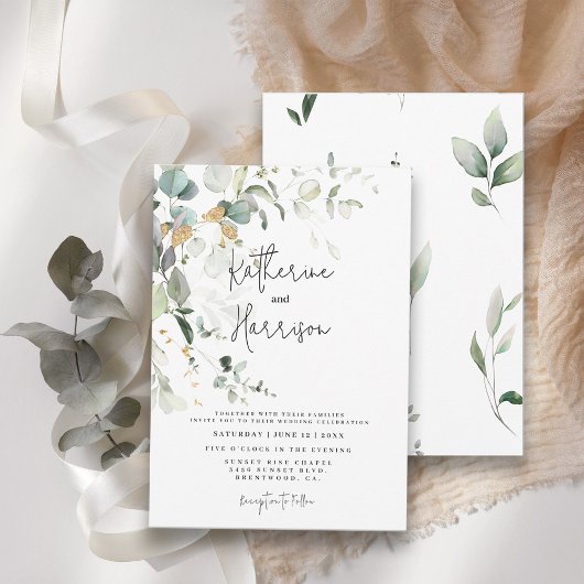 Elegant Eucalyptus en Gold Greenery Wedding Kaart