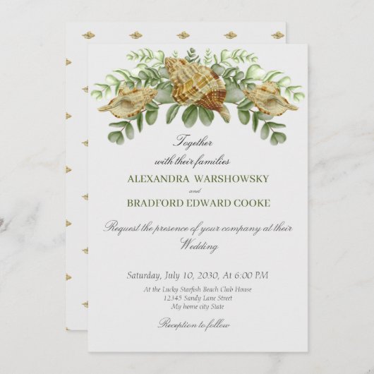 Elegant Eucalyptus en Seashell Wedding Invitation (Voorkant / Achterkant)