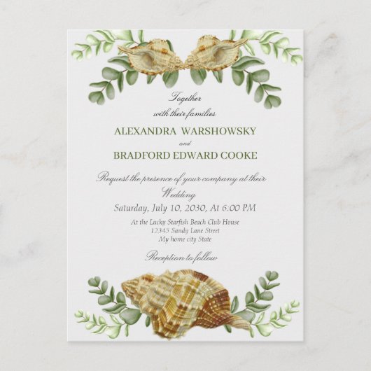Elegant Eucalyptus en Seashell Wedding Invitation Briefkaart (Voorkant)