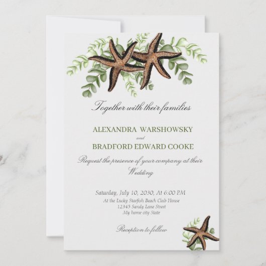 Elegant Eucalyptus en Starfish Wedding Invitation (Voorkant)
