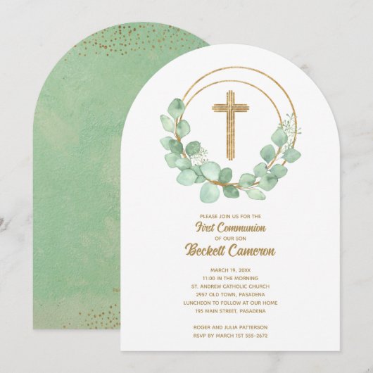 Elegant Eucalyptus First Communion Kaart (Voorkant / Achterkant)