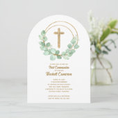 Elegant Eucalyptus First Communion Kaart (Staand voorkant)