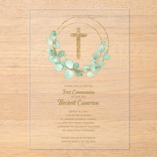 Elegant Eucalyptus First Community Acryl Uitnodigingen (Voorkant)