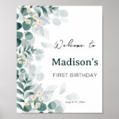 Elegant Eucalyptus Fisrt Birthday Welcome Poster (Voorkant)