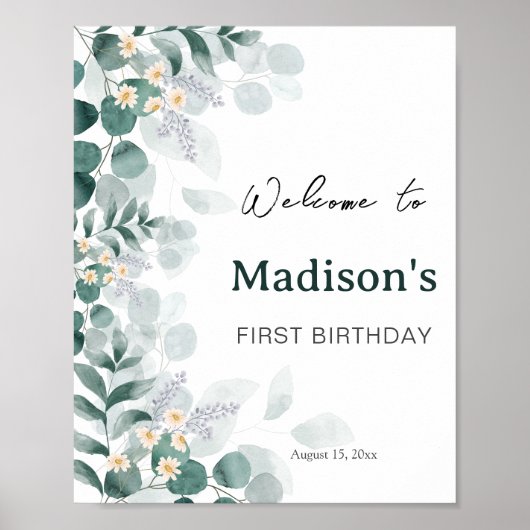 Elegant Eucalyptus Fisrt Birthday Welcome Poster (Voorkant)