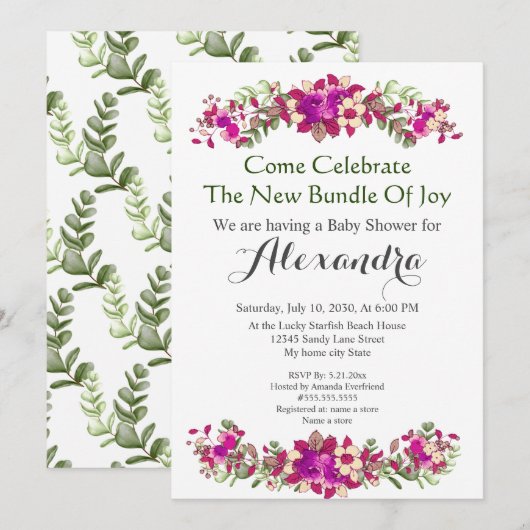 Elegant Eucalyptus Floral Baby shower-uitnodiging (Voorkant / Achterkant)