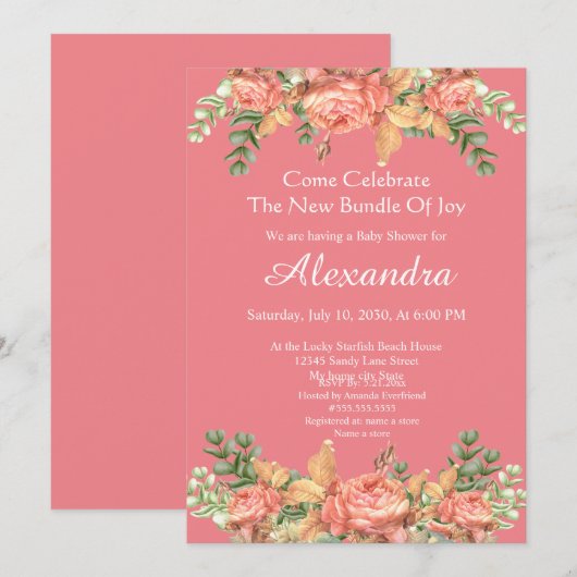 Elegant Eucalyptus Floral Peach koraal Baby shower (Voorkant / Achterkant)