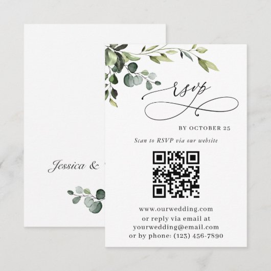 Elegant Eucalyptus Floral Wedding QR Code RSVP Kaartje (Voorkant / Achterkant)