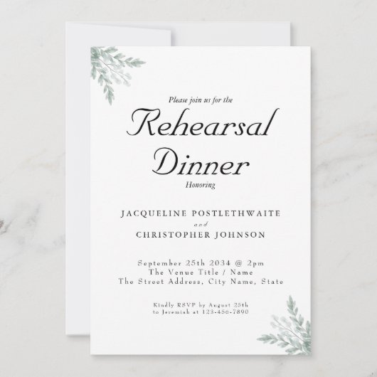 Elegant Eucalyptus Floral Wedding Rehearsal Dinner Kaart (Voorkant)