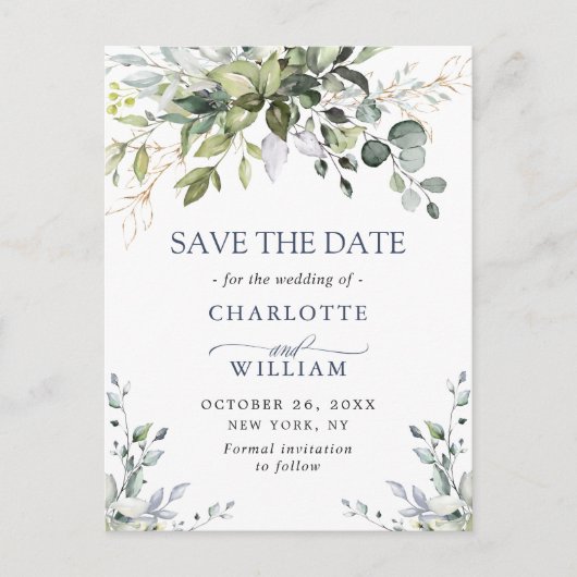 Elegant Eucalyptus Floral Wedding Save the Date Aankondigingskaart (Voorkant)