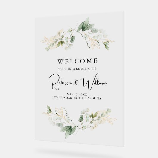 Elegant Eucalyptus Foliage Bruiloft Welkom Acryl Bord (Hoek)