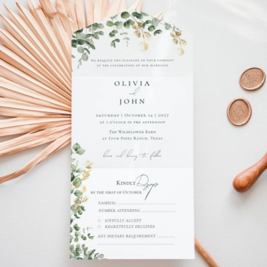 Elegant Eucalyptus Foliage Gold Green Wedding  All In One Uitnodiging
