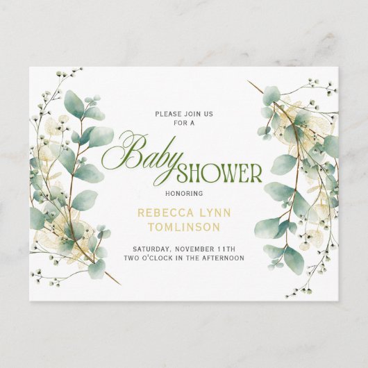 Elegant Eucalyptus Gender Neutral Baby Shower Briefkaart (Voorkant)