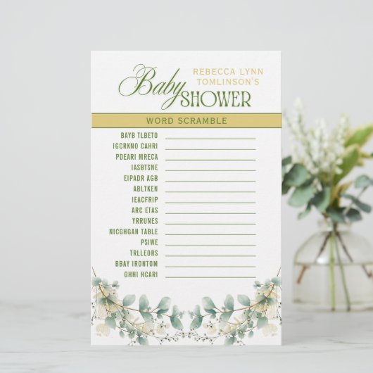 Elegant Eucalyptus Gender Neutral Baby Shower Game Briefpapier (Staand voorkant)