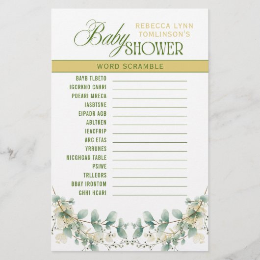 Elegant Eucalyptus Gender Neutral Baby Shower Game Briefpapier (Voorkant)
