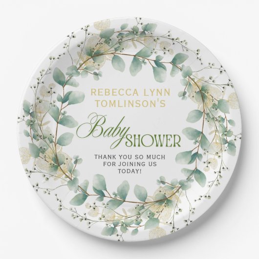 Elegant eucalyptus genderneutraal Baby shower Papieren Bordje (Voorkant)
