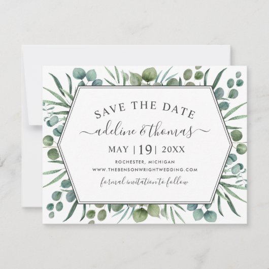 Elegant Eucalyptus Geometric Greenery Wedding Save The Date (Voorkant)