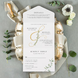 Elegant Eucalyptus Gold Ampersand Wedding All In One Uitnodiging