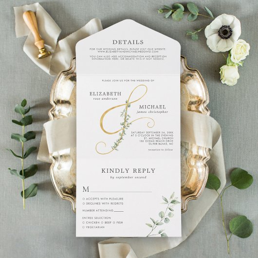 Elegant Eucalyptus Gold Ampersand Wedding All In One Uitnodiging