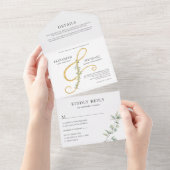 Elegant Eucalyptus Gold Ampersand Wedding All In One Uitnodiging (Afscheurbaar)