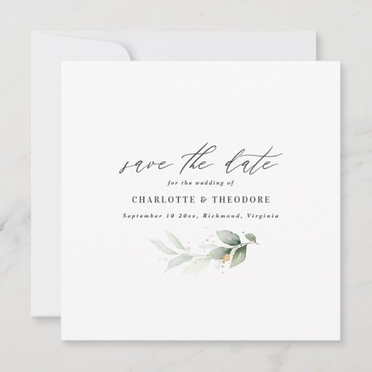 Elegant eucalyptus gold botanische budget bruiloft aankondiging (Voorkant)