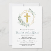 Elegant Eucalyptus Gold Cross Script Baptisme Kaart (Voorkant)