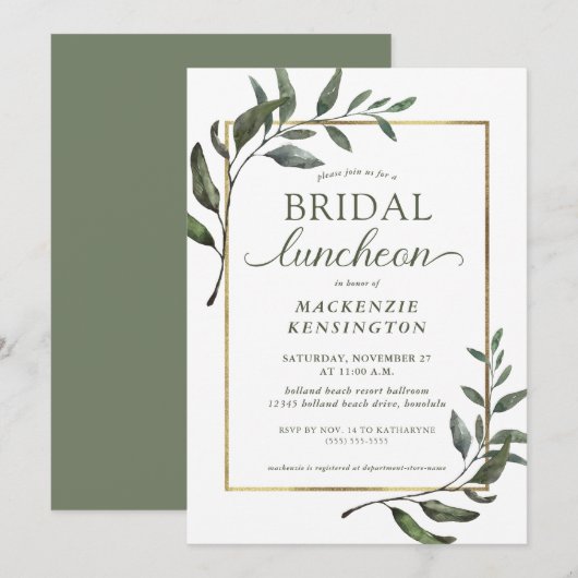 Elegant Eucalyptus Gold Foil Bridal Luncheon Kaart (Voorkant / Achterkant)