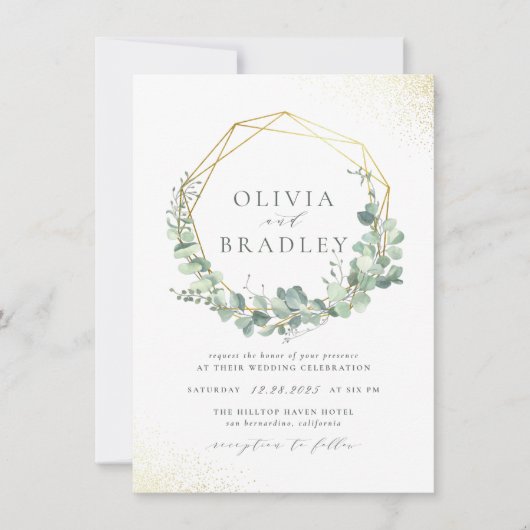 Elegant Eucalyptus & Gold Geometric Lijst Wedding Kaart (Voorkant)