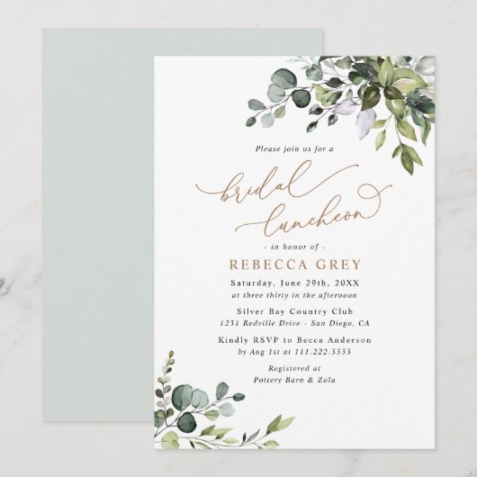 Elegant Eucalyptus Gold Greenery Bridal Luncheon Kaart (Voorkant / Achterkant)