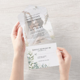 Elegant Eucalyptus Gold Greenery Foto Weddenschap All In One Uitnodiging