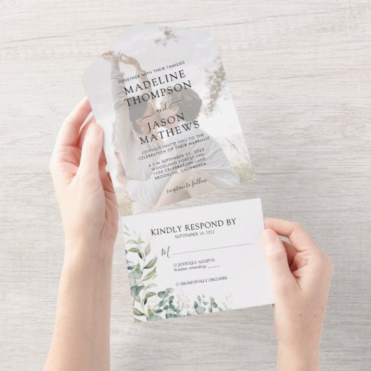 Elegant Eucalyptus Gold Greenery Foto Weddenschap All In One Uitnodiging (Afscheurbaar)