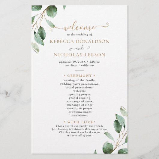 Elegant Eucalyptus Gold Greenery Wedding Program (Voorkant)