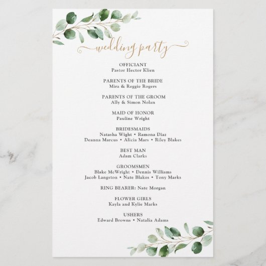Elegant Eucalyptus Gold Greenery Wedding Program (Achterkant)