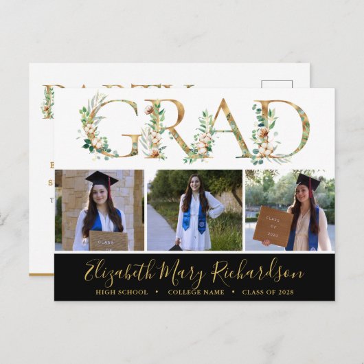 Elegant Eucalyptus Gold Script 3 Foto Afstuderen Briefkaart (Voorkant / Achterkant)