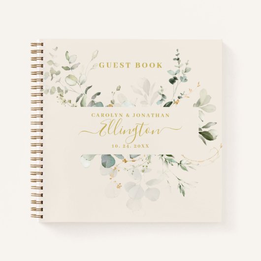 Elegant Eucalyptus Gold Script Foto Guest book Notitieboek (Voorkant)