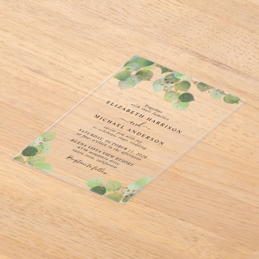 Elegant Eucalyptus Gold Waterverf Weddenschap Acryl Uitnodigingen (Laagn)