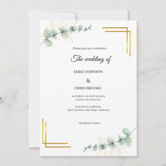 Elegant Eucalyptus Gold Wedding  Kaart (Voorkant)