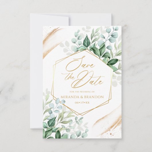Elegant Eucalyptus Gold Wedding Save the Date Kaart (Voorkant)