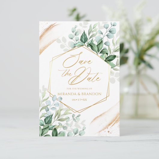 Elegant Eucalyptus Gold Wedding Save the Date Kaart (Staand voorkant)