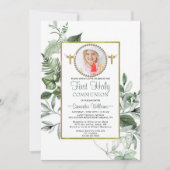 Elegant Eucalyptus Golden Photo First Commune Kaart (Voorkant)