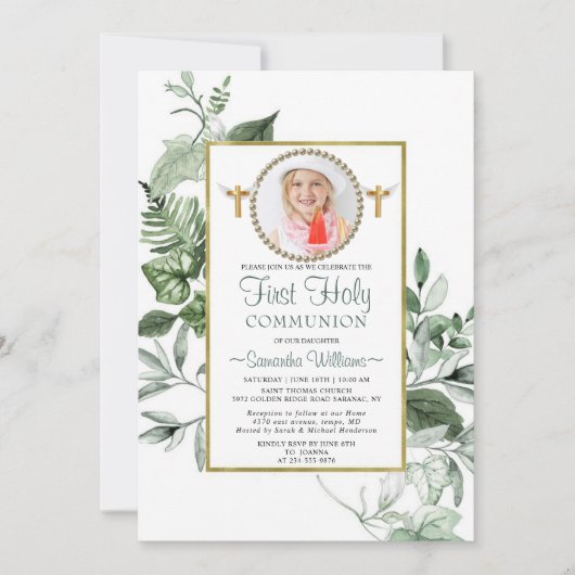 Elegant Eucalyptus Golden Photo First Commune Kaart (Voorkant)